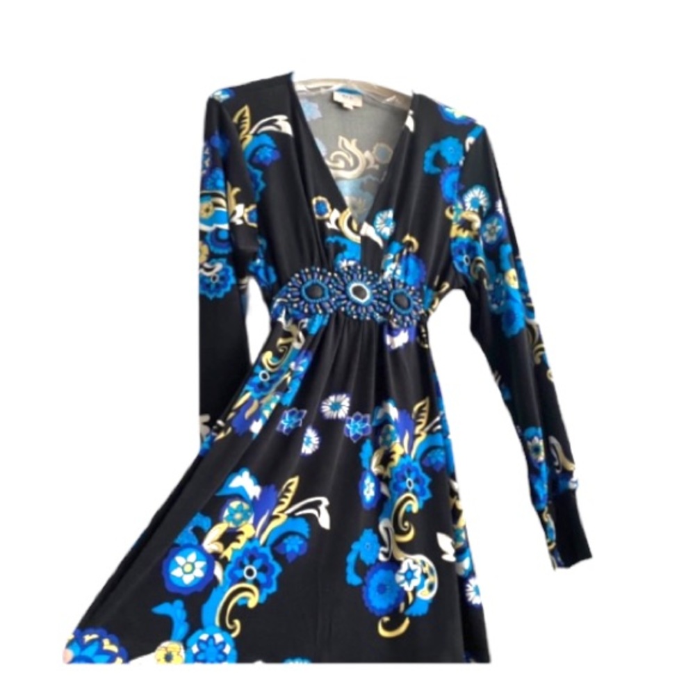 🍀 Gorgeous 70’s style floral dress with beading detail, sz XL